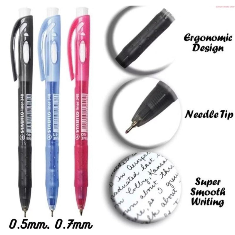 Stabilo 348 Liner pen, Xtrafine 0.5mm pen, Fine 0.7mm pen, smooth writing pens, precision liner pens, black and blue ink pens, quick-drying pens for left-handed writers, professional drawing pens, stationery supplies Singapore, high-quality writing tools.